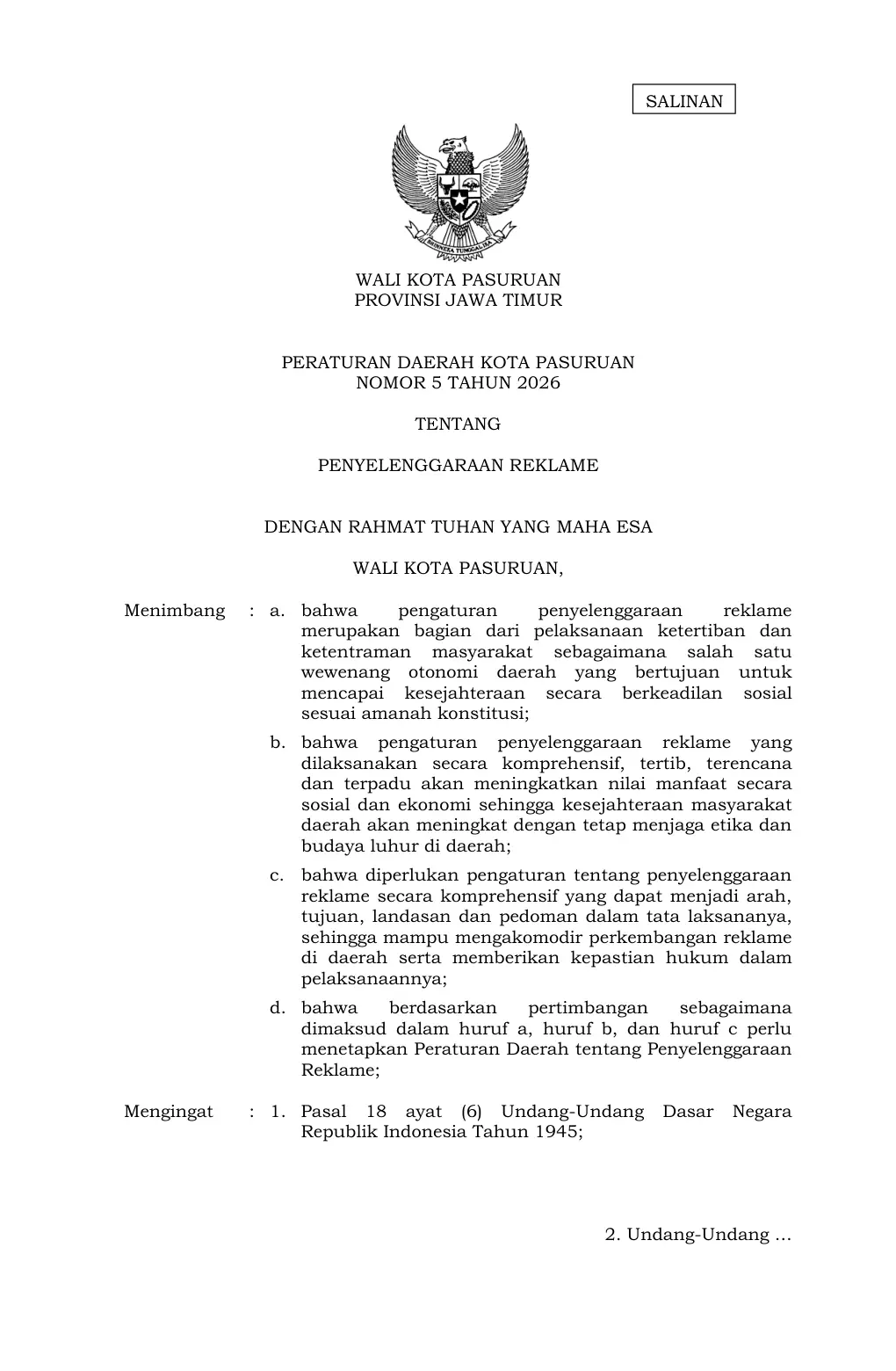 Halaman 1 Perda 5/2026 Penyelenggaraan Reklame