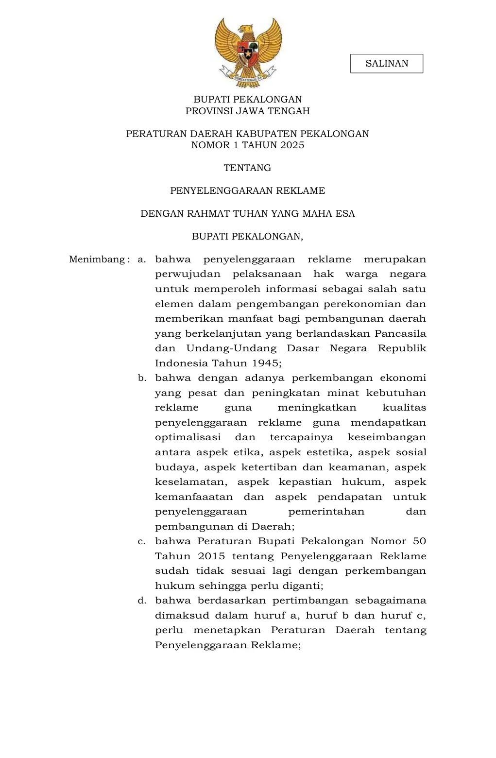 Halaman 1 Perda 1/2025 Penyelenggaraan Reklame