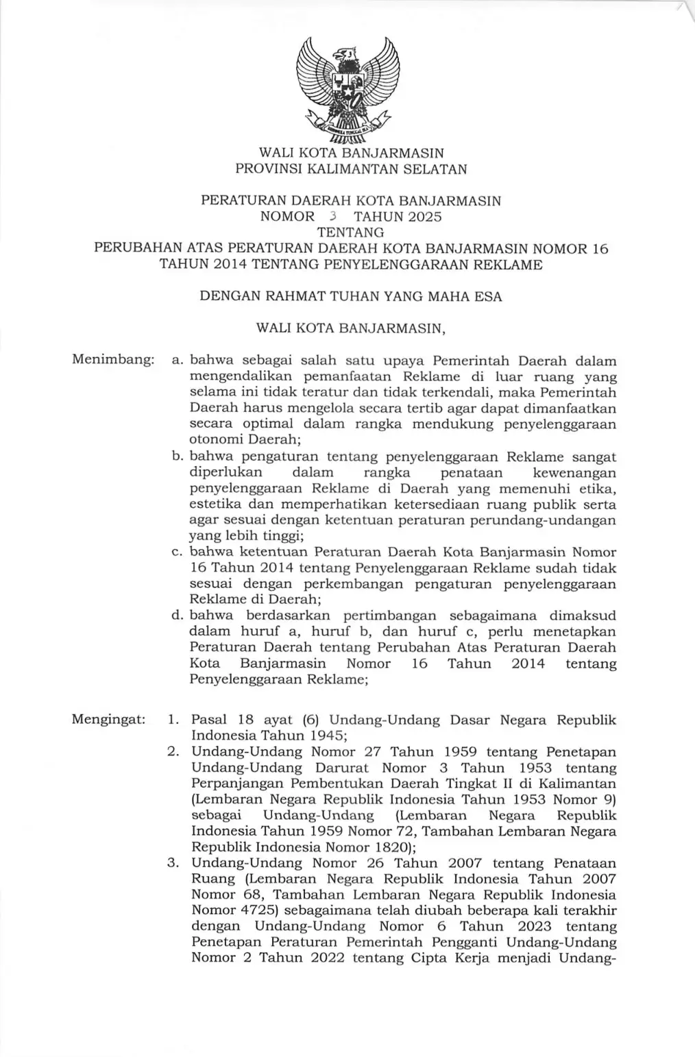 Halaman 1 Perda 3/2025 perubahan Perda 16/2014 Penyelenggaraan Reklame
