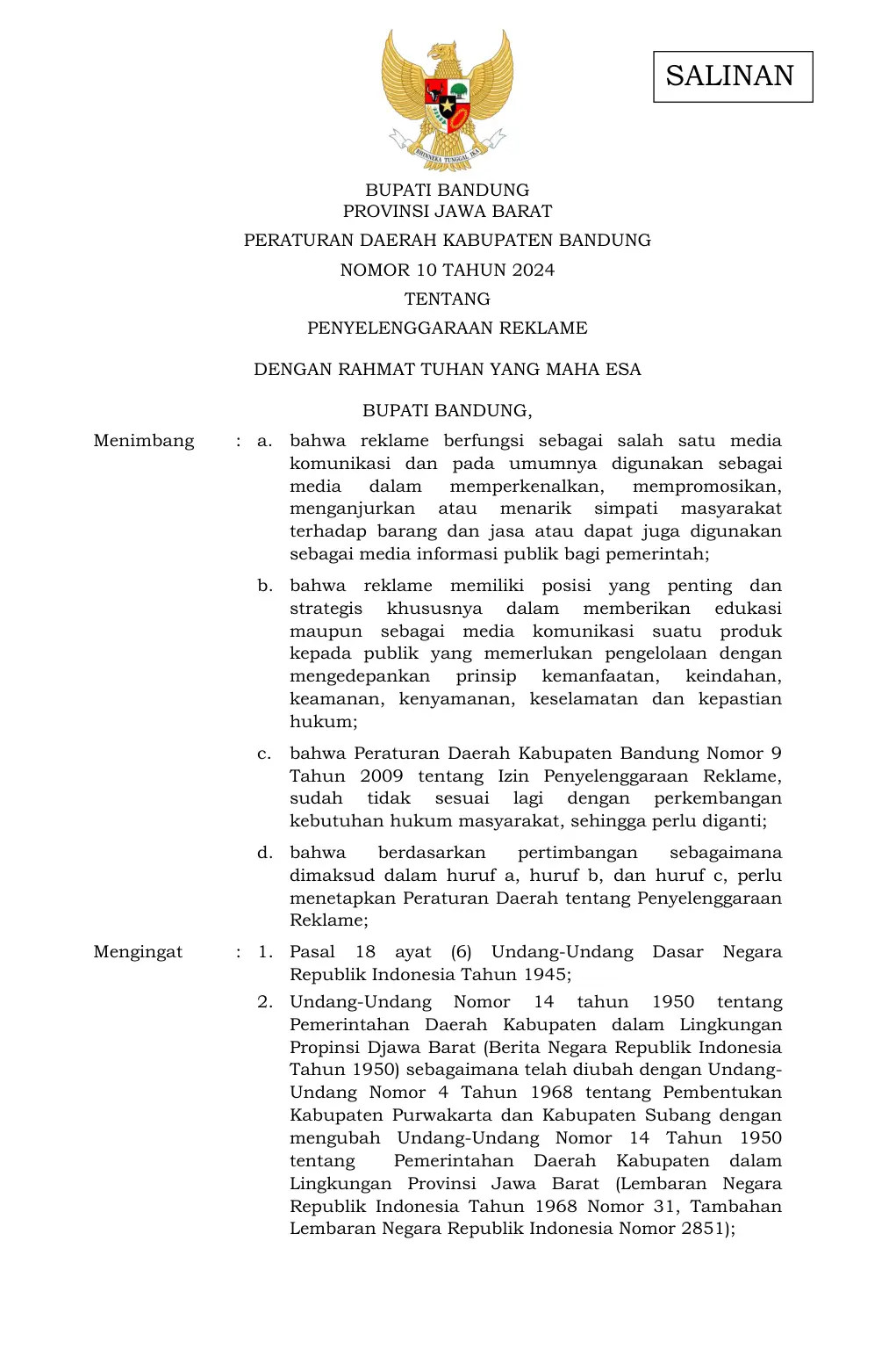 Halaman 1 Perda 10/2024 Penyelenggaraan Reklame