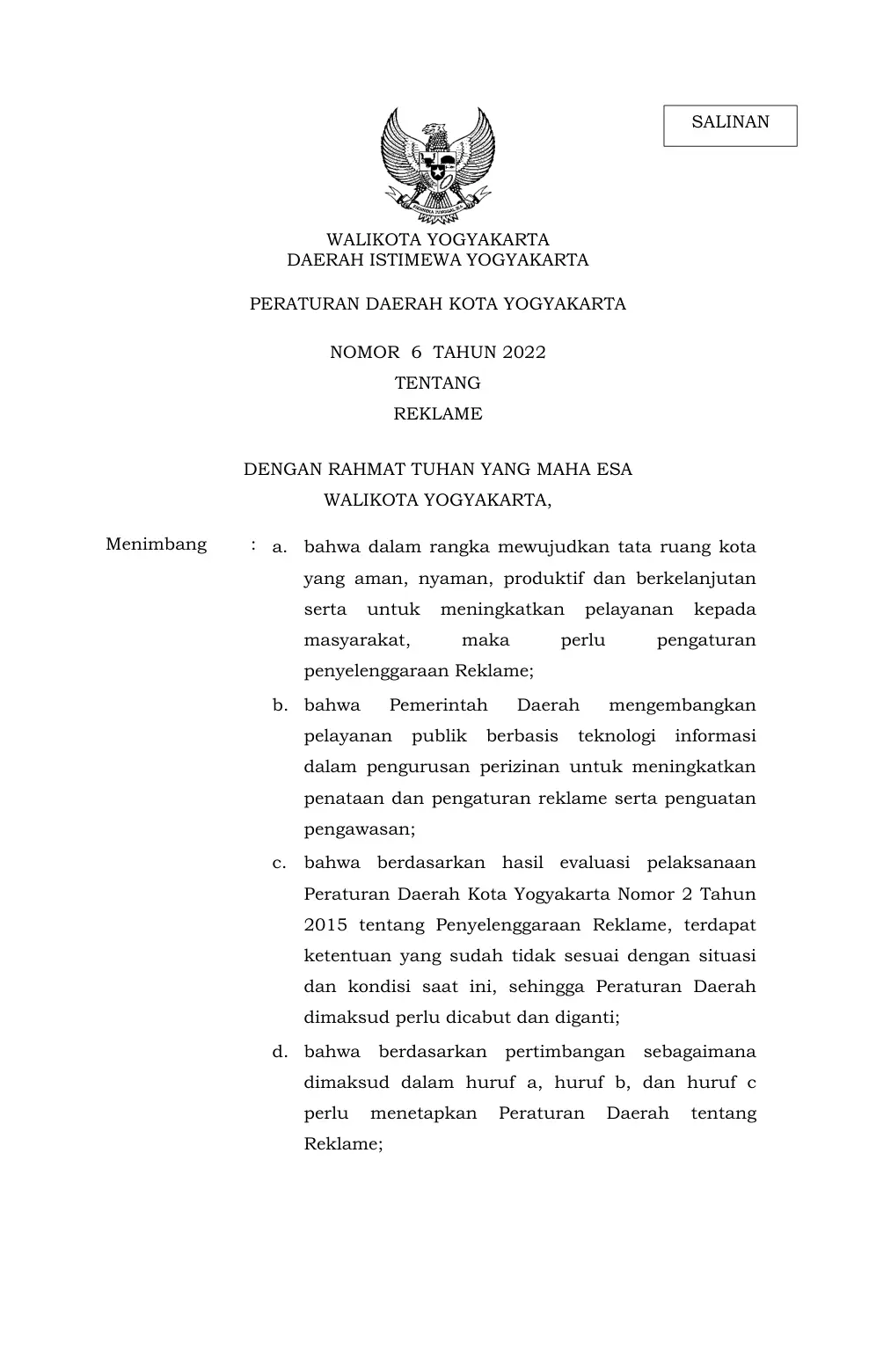 Halaman 1 Perda 6/2022 tentang Reklame (teks lengkap)