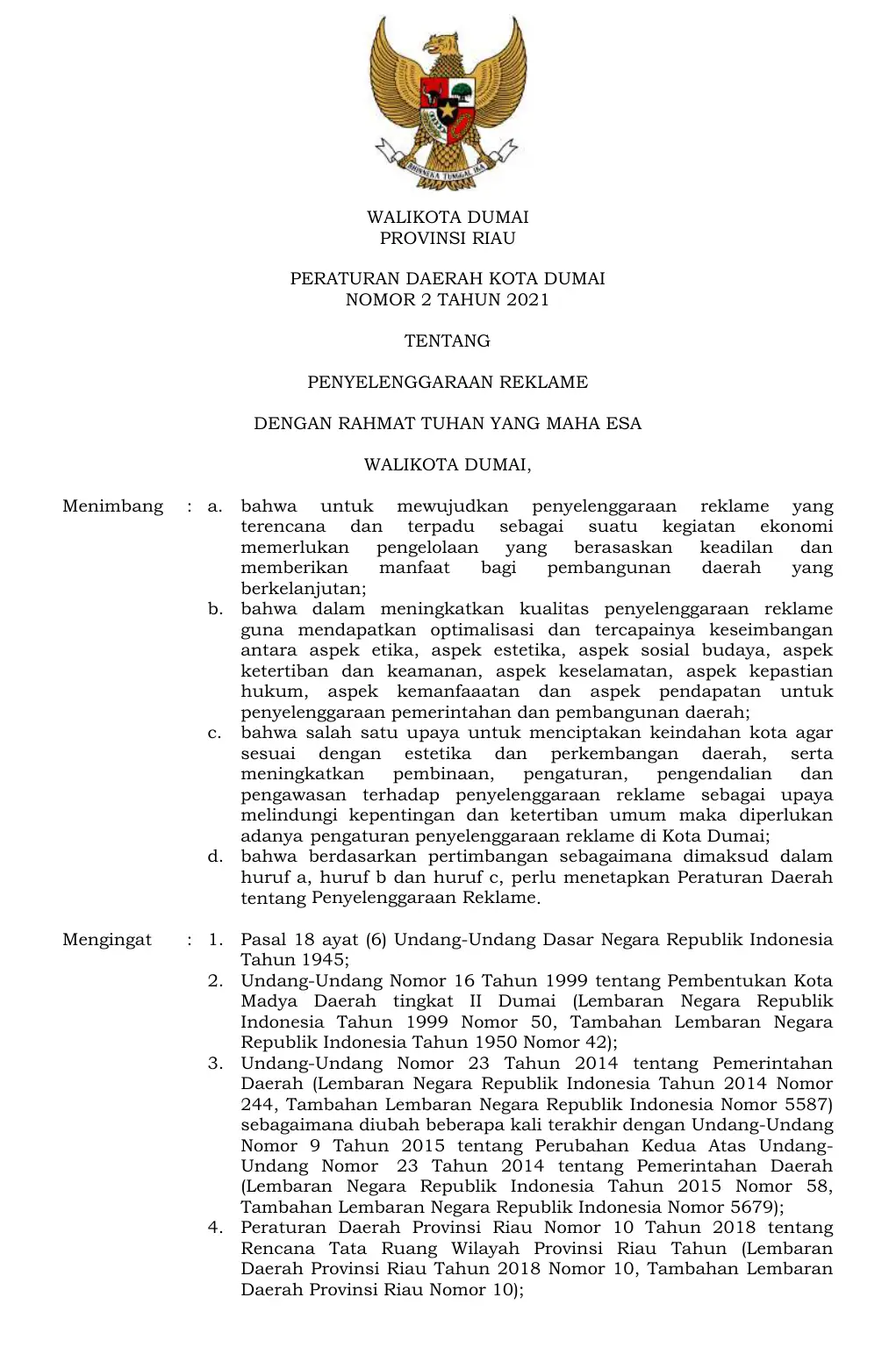 Halaman 1 Perda 2/2021 Penyelenggaraan Reklame