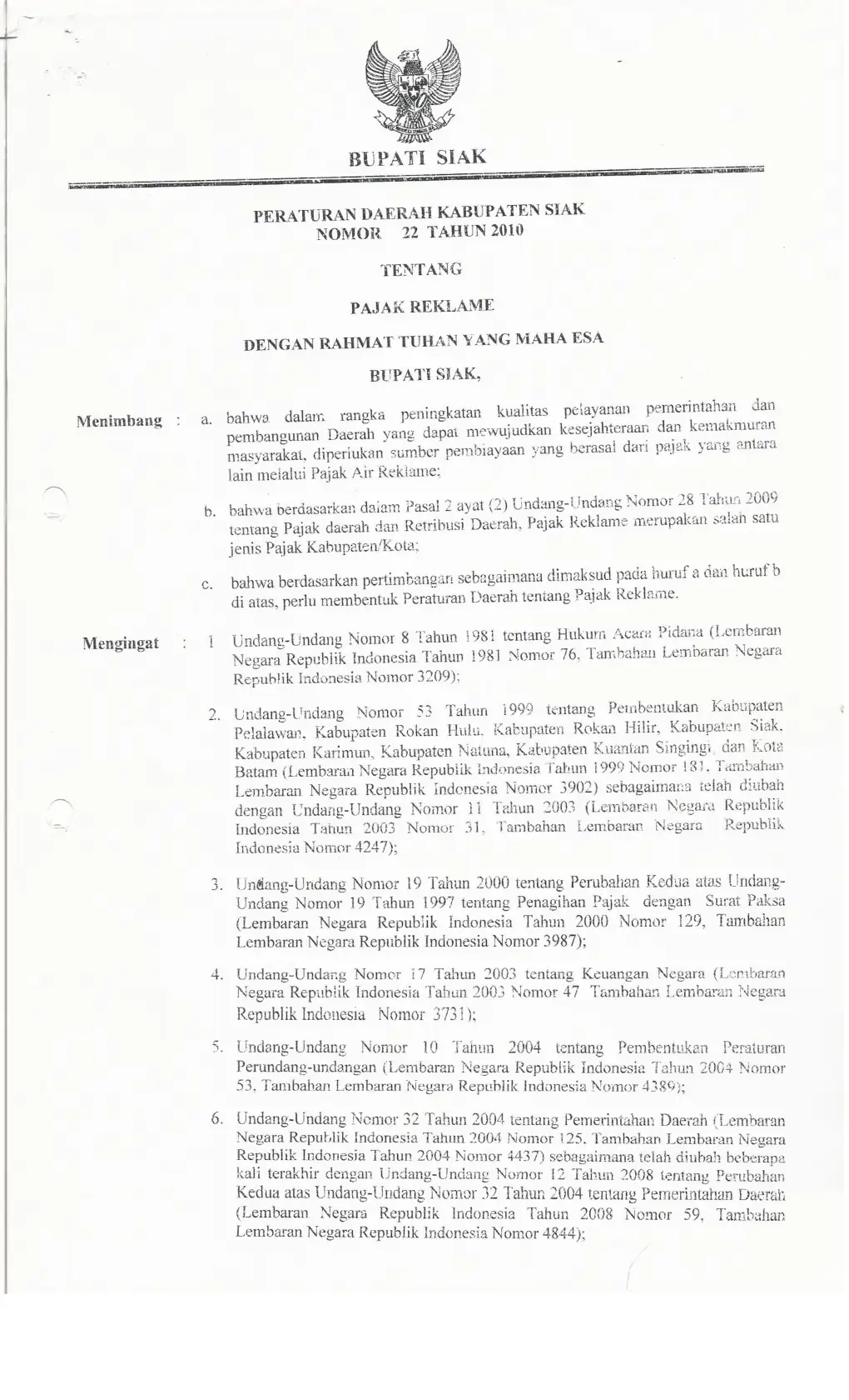 Halaman 1 Perda 22/2010 Pajak Reklame (scan)