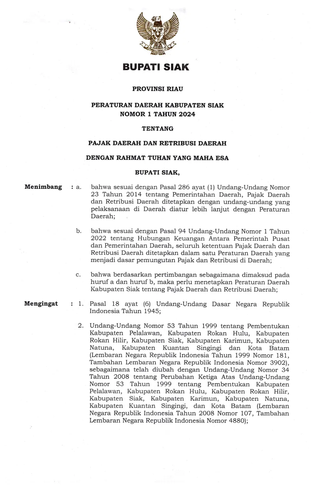 Halaman 1 Perda 1/2024 Pajak Daerah dan Retribusi Daerah