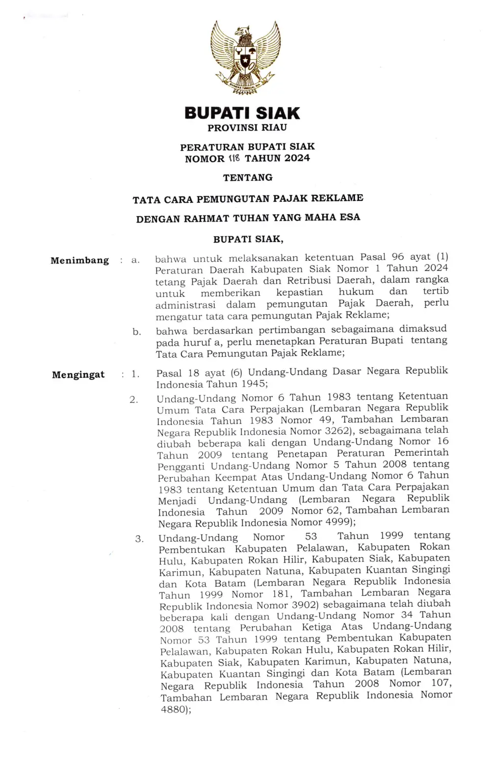 Halaman 1 Perbup 118/2024 Tata Cara Pemungutan Pajak Reklame (scan)