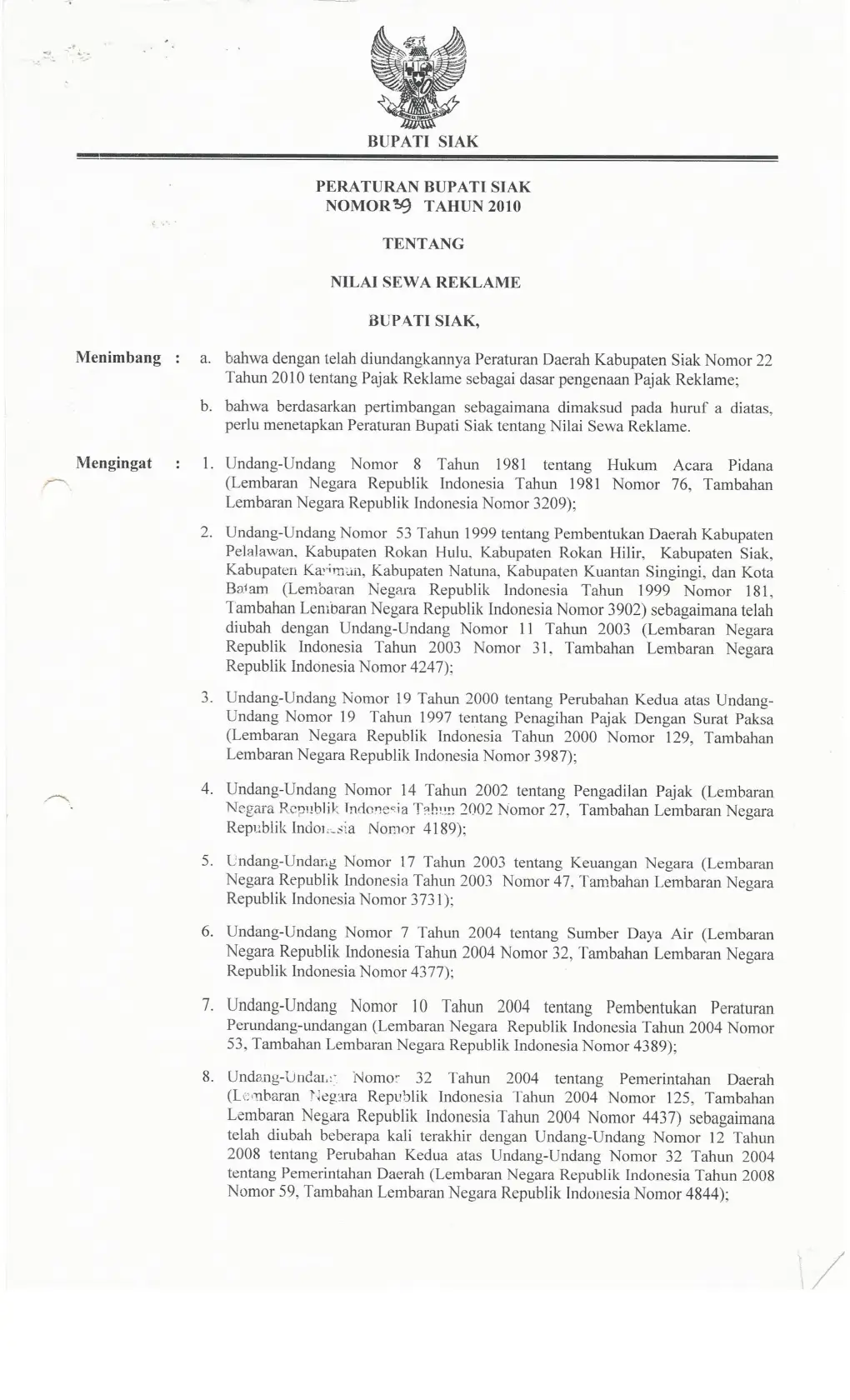 Halaman 1 Perbup 39/2010 Nilai Sewa Reklame (scan)