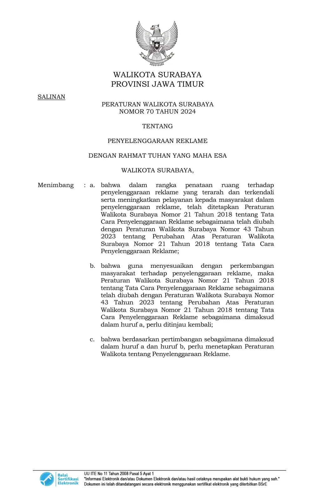 Halaman 1 Perwali 70/2024 Penyelenggaraan Reklame
