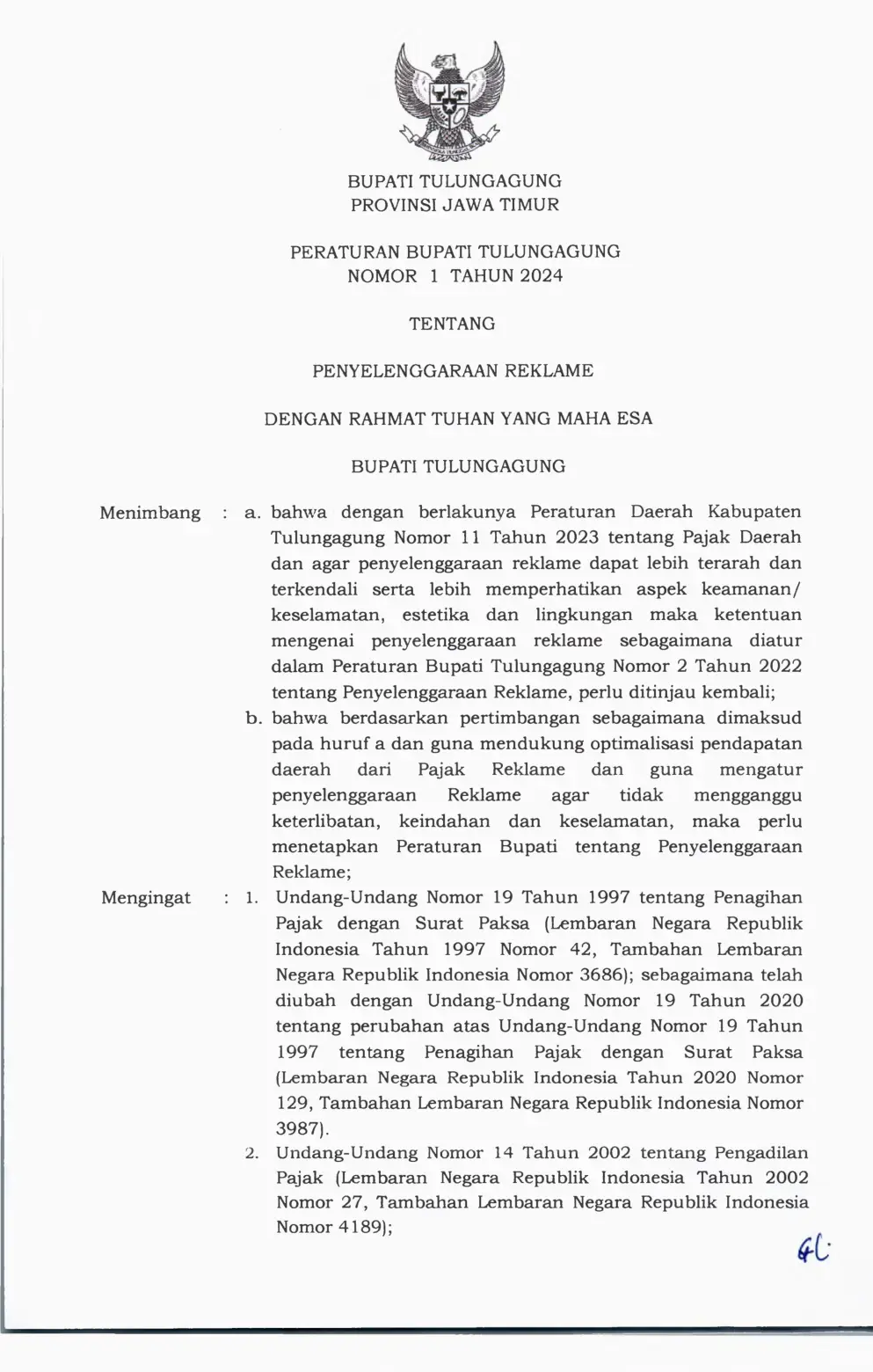 Halaman 1 Perbup 1/2024 Penyelenggaraan Reklame