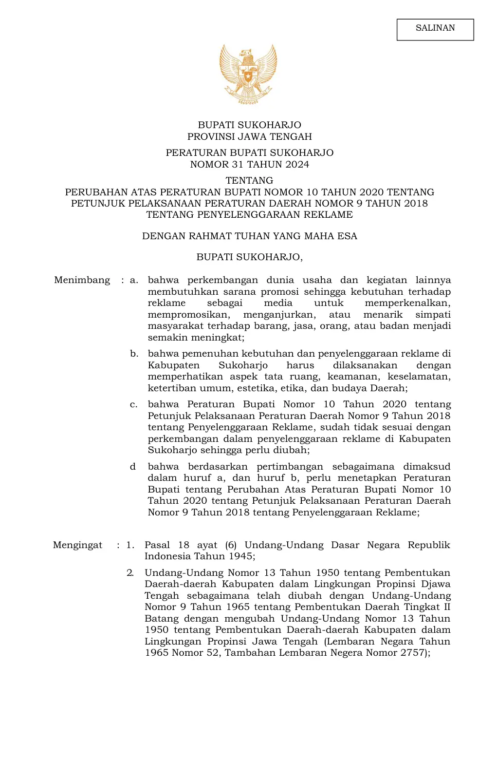 Halaman 1 Perbup 31/2024 perubahan Perbup 10/2020 (Juklak Perda 9/2018 Reklame)