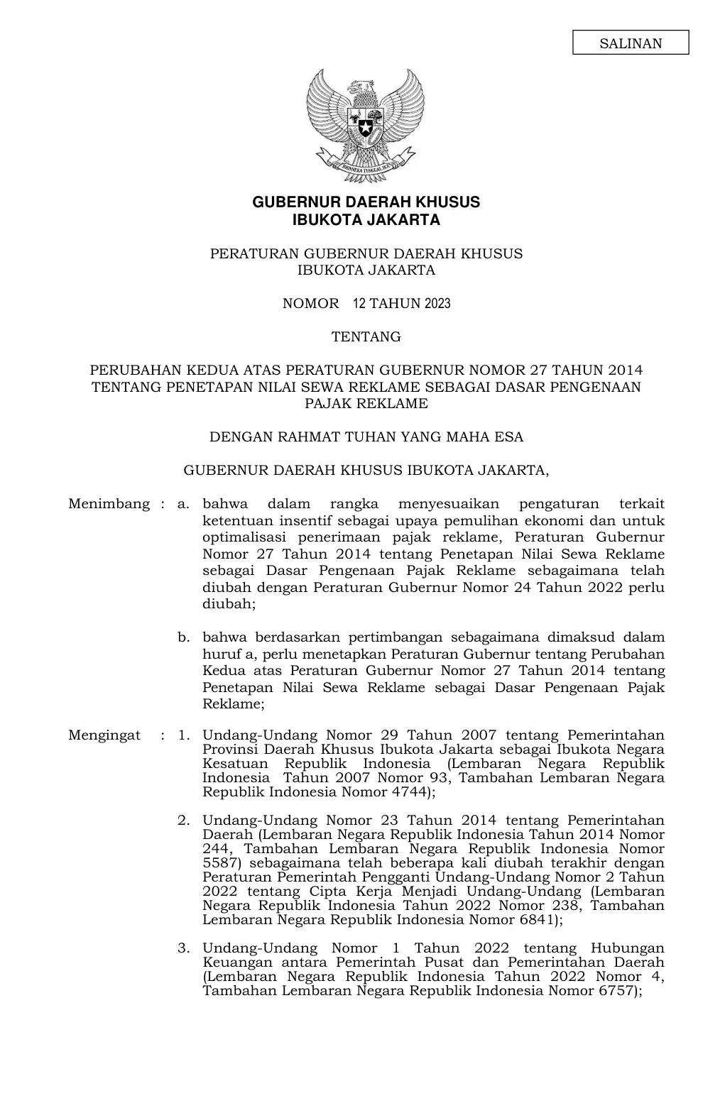 Halaman 1 Pergub 12/2023 Nilai Sewa Reklame (perubahan kedua Pergub 27/2014)