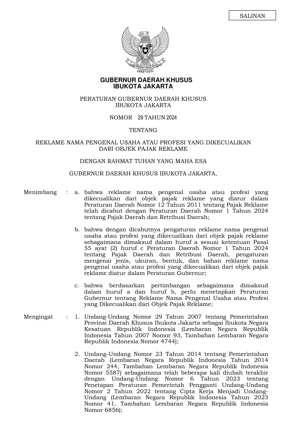Halaman 1 Pergub 29/2024 Reklame Nama Pengenal Usaha dikecualikan dari objek pajak