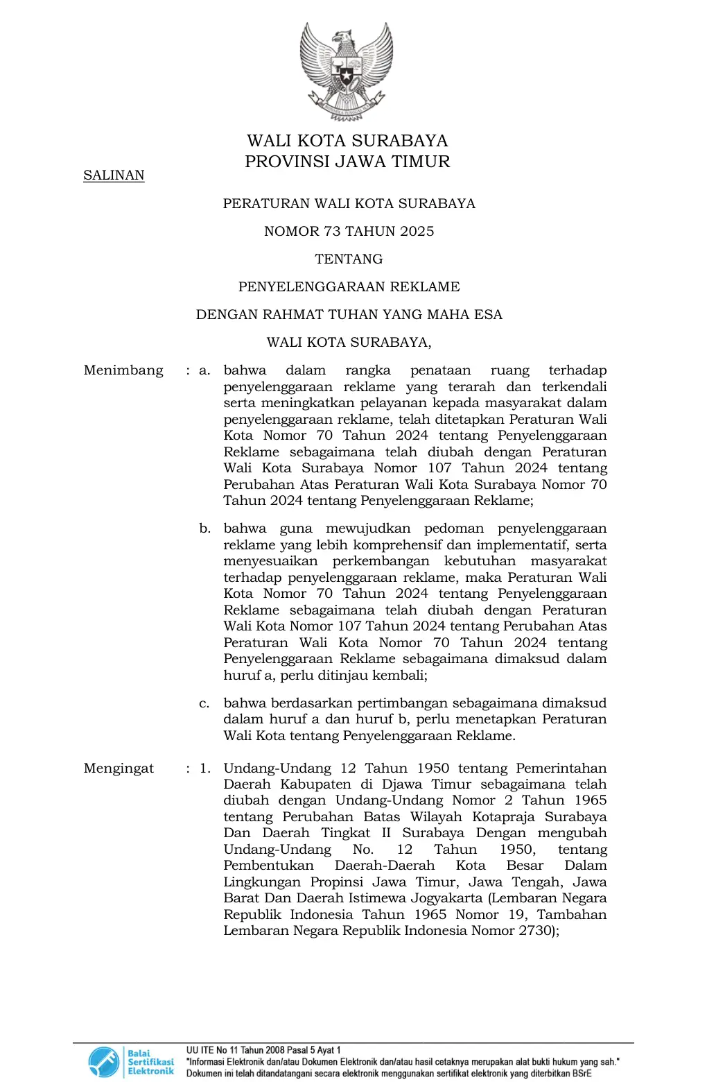 Halaman 1 Perwali 73/2025 Penyelenggaraan Reklame (mencabut Perwali 70/2024)